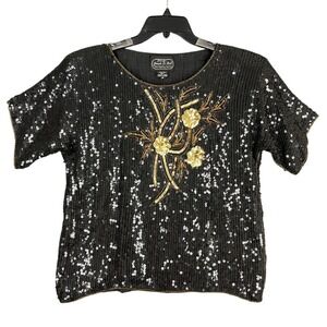 Joseph Le Bon Silk Sequin Top Black Gold Floral Beaded Party Blouse Medium